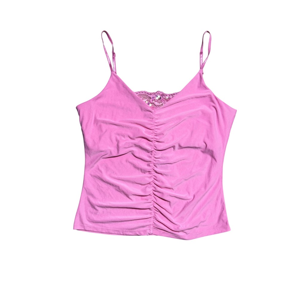 Bisou Bisou Michele Bohbot Pink Ruched Lace Trim Cami Top NWT